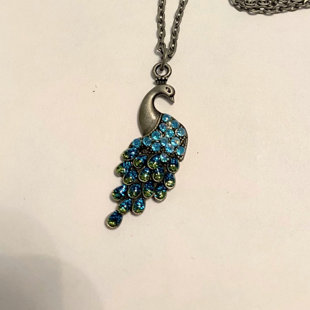 Claire's Silver Peacock Necklace with Blue and Green Accents
